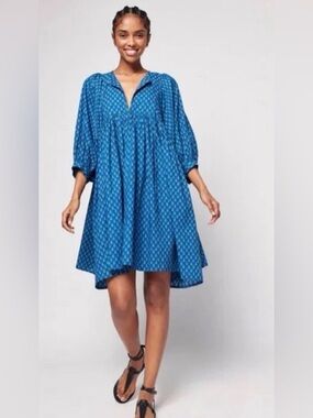 Faherty Lyla Dress Indigo Gobi Floral Organic Cotton Dress Size Large NEW $168